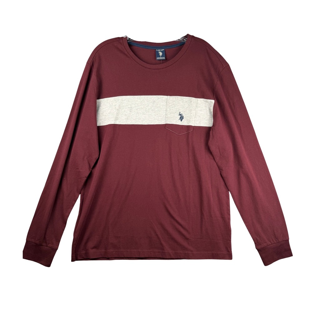 US Polo Assn Mens Large Long Sleeve Pocket T-Shirt Maroon Gray Colorblock NEW